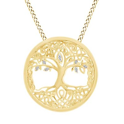 #ad Round Simulated Diamond Tree Life Pendant Necklace 14K Yellow Gold Plated Silver $45.99