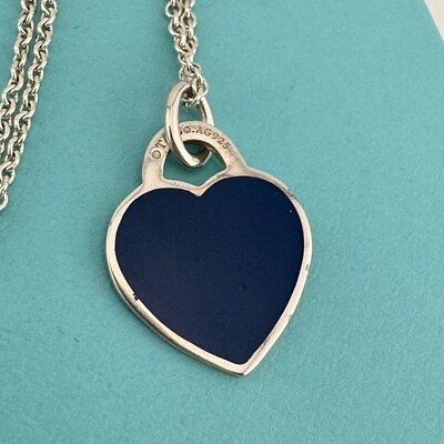 #ad Retired Small Navy Blue Return to Tiffany Heart Charm Necklace 16quot; Silver $425.00