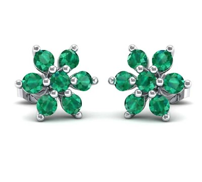#ad Genuine Emerald Flower Stud Earrings in Solid Sterling Silver $39.00