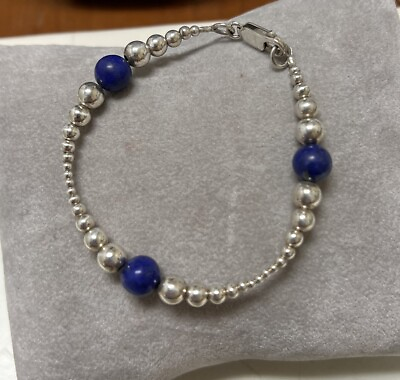 #ad lapiz lazuli 925 Sterling silver bracelet Beaded India 6.5” 3G Estate $28.00