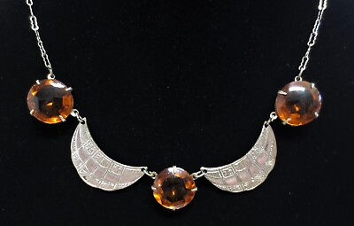 #ad Antique Czechoslovakia Amber Glass Necklace Bezel Prong 3 Stone Drape Art Deco $74.95