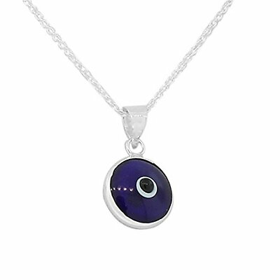 #ad 925 Sterling Silver Blue Glass Evil Eye Pendant Necklace with Chain $14.99