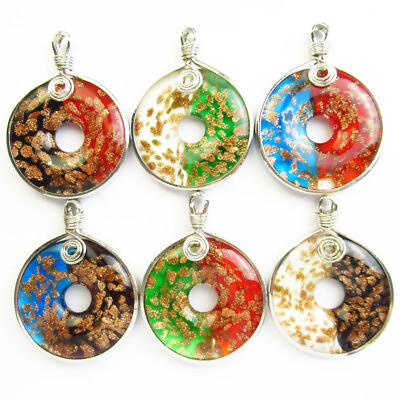 #ad 6Pcs 55x43x7mm Wrapped Multicolor Inlaid Lampwork Glass Donut Pendant Bead $37.99