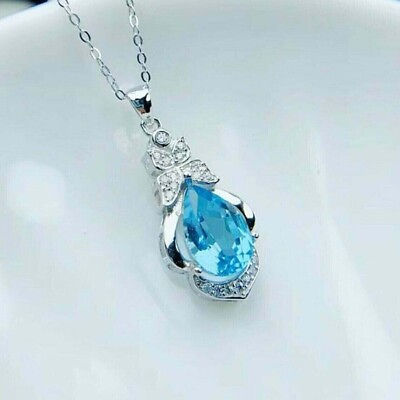 #ad Pear Cut Simulated Blue Topaz Women#x27;s Gorgeous Pendant In 14k White Gold Plated $145.99