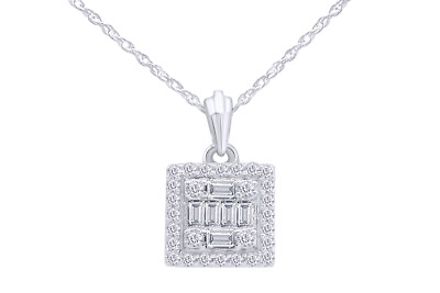 #ad 1 5 Ctw Round amp; baguette Natural Diamond Pendant With Chain in 14k White Gold $272.21