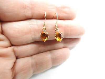 #ad Oval Orange Prong Set Crystal 14K Gold Filled Dangle Pierced Earrings Vintage $13.45