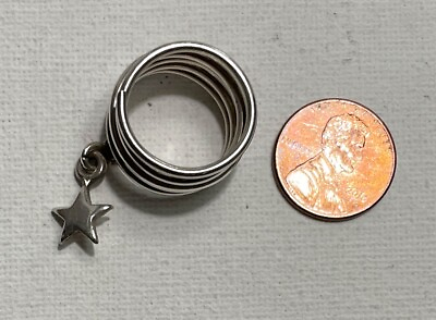 #ad Wide Sterling Silver Spiral Band w Star Dangle Charm Ring Size 6.5 Jew 116 $29.95