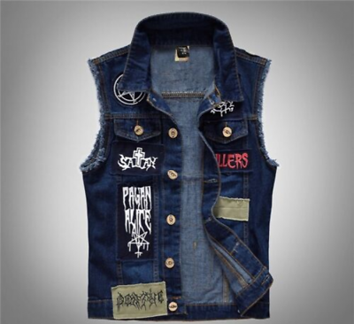 #ad Men Patch Denim Vest Jean Jacket Waistcoat Sleeveless Vintage Punk Casual Jacket $37.19