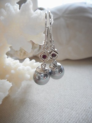 #ad ELLE Sterling Silver 9 MM Gray Pearl Tiny Red Garnet Dangle Earrings 38561 $95.00