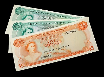 #ad 1974 Bahamas 2 X 1 Dollar amp; 5 Dollat Bank Notes Lot of 3 AU Conditions $275.00
