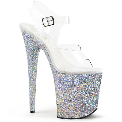 #ad PLEASER FLAMINGO 808LG Clear Silver Glitter 8quot; Heel Platform Ankle Strap Sandal $81.95