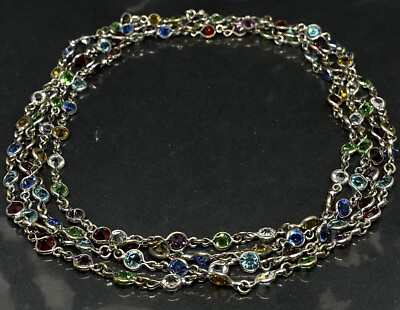 #ad Vintage Czechoslovakia Long 53” Necklace Multicolored Bezel Crystals Signed✨ $75.00