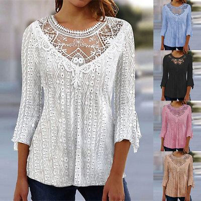 #ad Spring Round Neck Long Sleeve Casual Blouse Lace Sleeve Solid Pullover T shirts $19.59