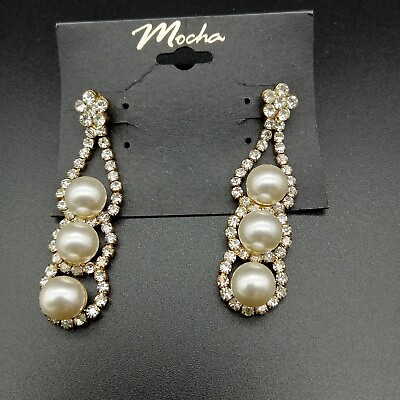 #ad #ad Gold Tone Bridal Earrings Chandelier Crystal Dangle Faux Pearl Earrings Estate $10.99