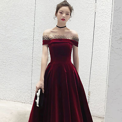 #ad Women Long Burgundy Dress Wedding Prom Party Gown Off Shoulder Lace Up Elegant $63.99