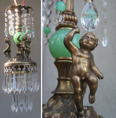 #ad Victorian Art Nouveau Brass Cherub SWAG lamp crystal Jadeite green glass ball $399.00