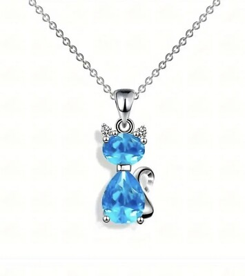 #ad Blue Cat Pendant 16quot; Silver Chain Necklace Blue Opal Kitten Feline Girls Gift $8.66