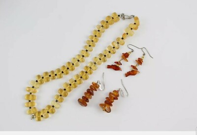 #ad AMBER JEWELLERY inc. Baltic Necklace Drop Earrings Carved Birds. Vintage GBP 80.00