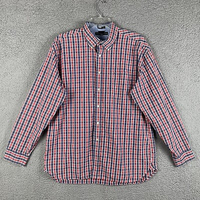 #ad Tommy Hilfiger Mens Red White Blue Plaid Button Down Long Sleeve Shirt Size XL $14.99