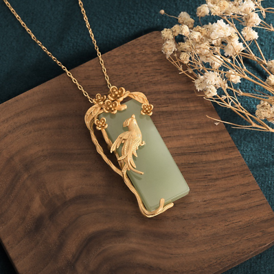 #ad Jade Pendant Necklace Charm 18K Gold Plated Chain Phoenix Bird Dainty Gemstone $12.95