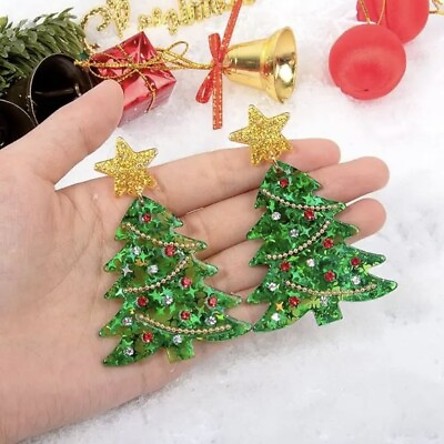 #ad Christmas Tree Earrings Dangle Drop Glitter Earrings Jewelry Green Brown Gold $11.19