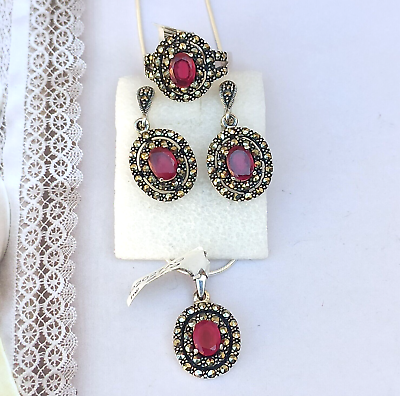 #ad Fine Set Ruby Silver Necklace Earrings Ring Marcasite Art Deco Christmas Gift $158.40