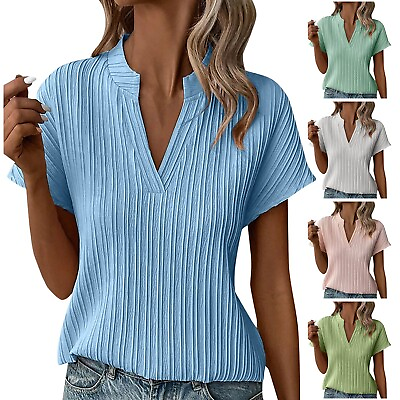 #ad Womens Pleated Puff Sleeve Tops Summer V Neck T Shirts Loose Blouses Dressy $21.17