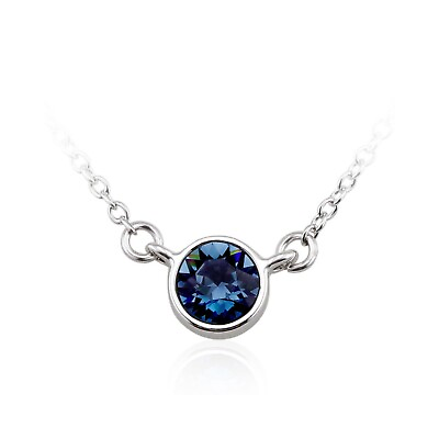 #ad Navy Blue Bezel Solitaire Necklace Austrian Crystal Rhodium Plated $65.00
