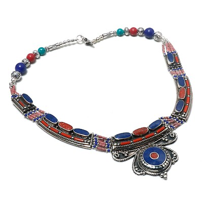 #ad 925 Sterling Silver Lapis Lazuli Coral Gemstone Necklace Jewelry Size 18quot; $39.99