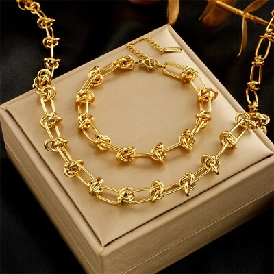 #ad Gold knot chain 18k plated stainless steel non tarnish necklace bracelet GBP 9.99