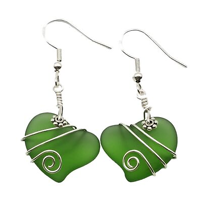 #ad Hawaiian Jewelry Sea Glass Earrings Wire Twin Heart Earrings Emerald Green $36.98
