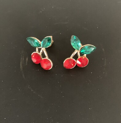 #ad Cherry Earrings Red Green Rhinestones Silver Tone Post Earrings $5.50