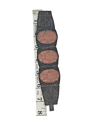 #ad Silver Carved Rose Quartz Fish Asia Export Stacked Filigree 5 panel bracelet $375.00