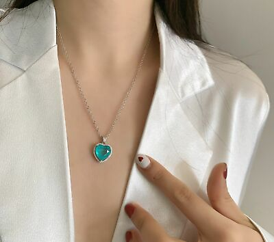 #ad 925 Sterling Silver Paraiba Tourmaline Gemstone Diamond Heart Pendant Necklace@F $13.88