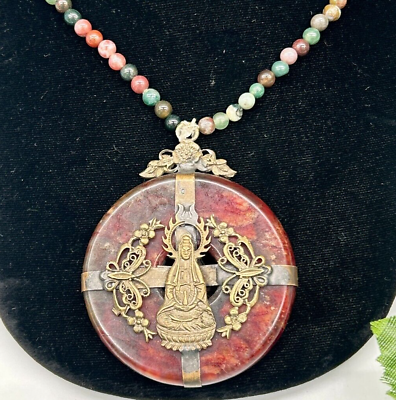 #ad Vintage Goddess Kuan Yin Multi Color Agate Necklace $399.99
