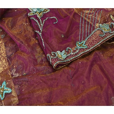 #ad Sanskriti Vintage Purple Sarees Hand Beaded Net Fabric 5 Yd Lehenga Party Sari $82.13