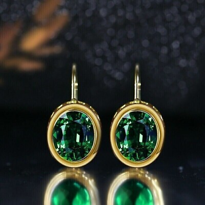 #ad 5.00 CT Oval Shape Green Emerald Drop amp; Dangle Earrings 14K Yellow Gold Finish $175.50