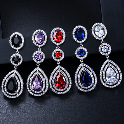 #ad Luxury Zircon Crystal Long Dangle Earrings Silver Plated Wedding Bridal Jewelry $10.34