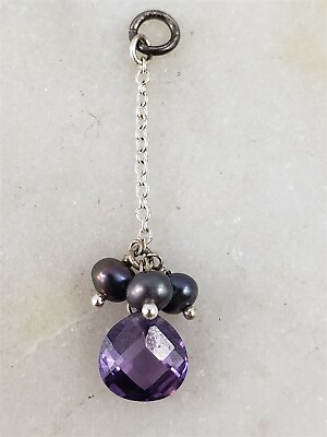 #ad Vintage Sterling Silver 8mm Faceted Amethyst Pearl Dangle Pendant 1.3 Grams $24.00