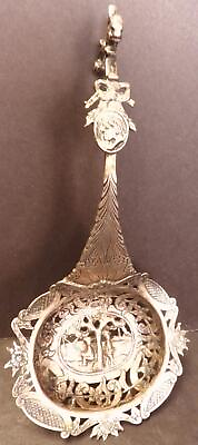 #ad Antique European Silver Straining Spoon Pierced Fishing Scene Squirrel Handle $179.99