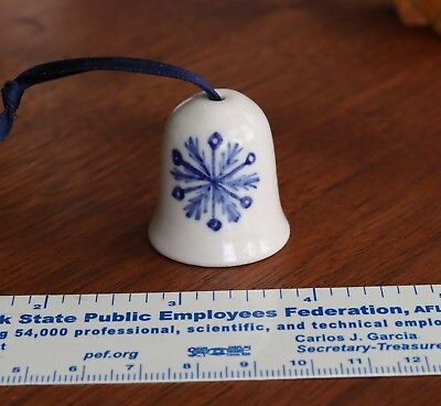 #ad Bell Ceramic White Blue Snowflake CNC Ribbon Hanger Ornament Just Over 1quot; Wide $6.44