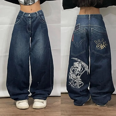 #ad Y2K Hip Hop Street Big Pocket Death Print Baggy Jeans Vintage Denim Pants $55.33