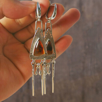 #ad Women Tribal Orange Stone Dangle Earrings Silver Pendulum Earrings Boho Jewelry C $2.79