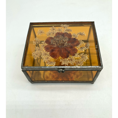 #ad VTG Glass Yellow Hinged Lid Mirror Bottom Trinket box with Pressed Flowers 3quot; $15.50