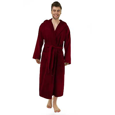 #ad Burgundy Terry cloth Hooded Bathrobe for Men Full Length 100% Cotton Terry $42.95