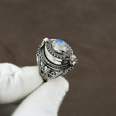 #ad Rainbow Moonstone Poison Ring Gemstone Poison Ring Handmade Openable Medicine $28.93