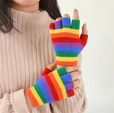 #ad Children Colorful Rainbow Warm Knit Half Fingerless SHORT Gloves Mittens 5 15YR AU $15.00