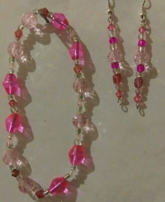 #ad Handmade Pink amp; Shimmery White Glass amp; Crystal Bead Bracelet amp; Earrings Set $3.50