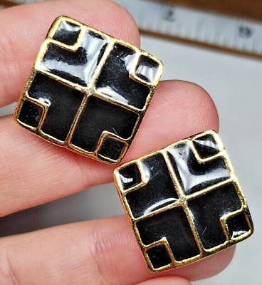 #ad Vintage Black Enamel and Gold Tone Square Clip On Earrings $14.99