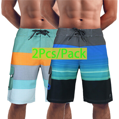 #ad 2 PCS Beautiful Giant Men#x27;s Stripe Beachwear Quick Dry Board Shorts with Pocket $30.09
